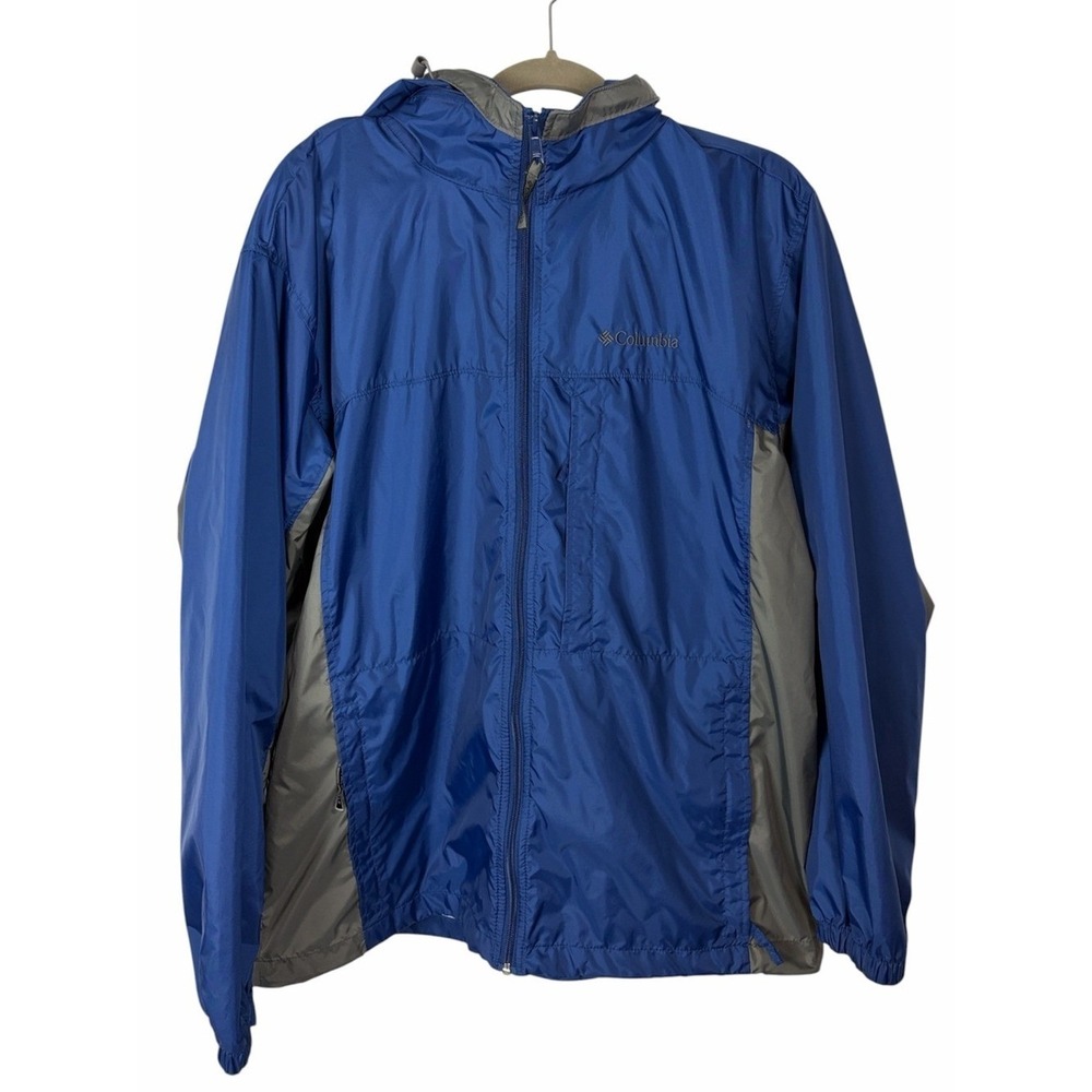 Columbia Packable Hooded Windbreaker Jacket Blue Gray Men's Large‎
